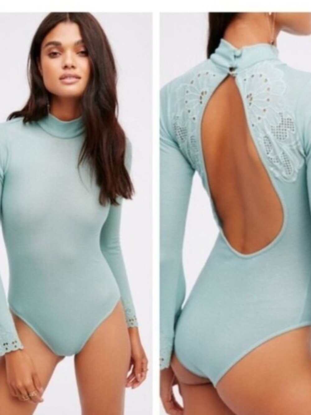 Free People Embroidered Crochet Lace Long Sleeve Open Back Knit Bodysuit Small